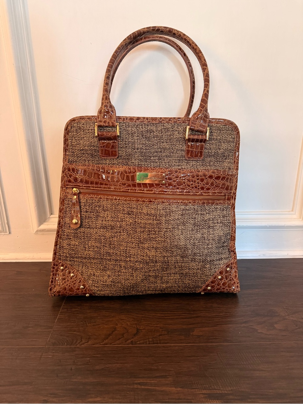 Samantha Brown Vintage Tweed Travel Tote Bag with Crocodile-Embossed Trim